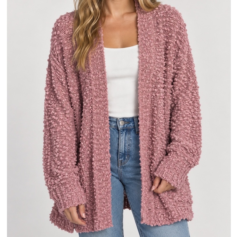 Pink Boucle Popcorn Knit Open Front Cardigan XS Oversized Slouchy Cozy Boho
